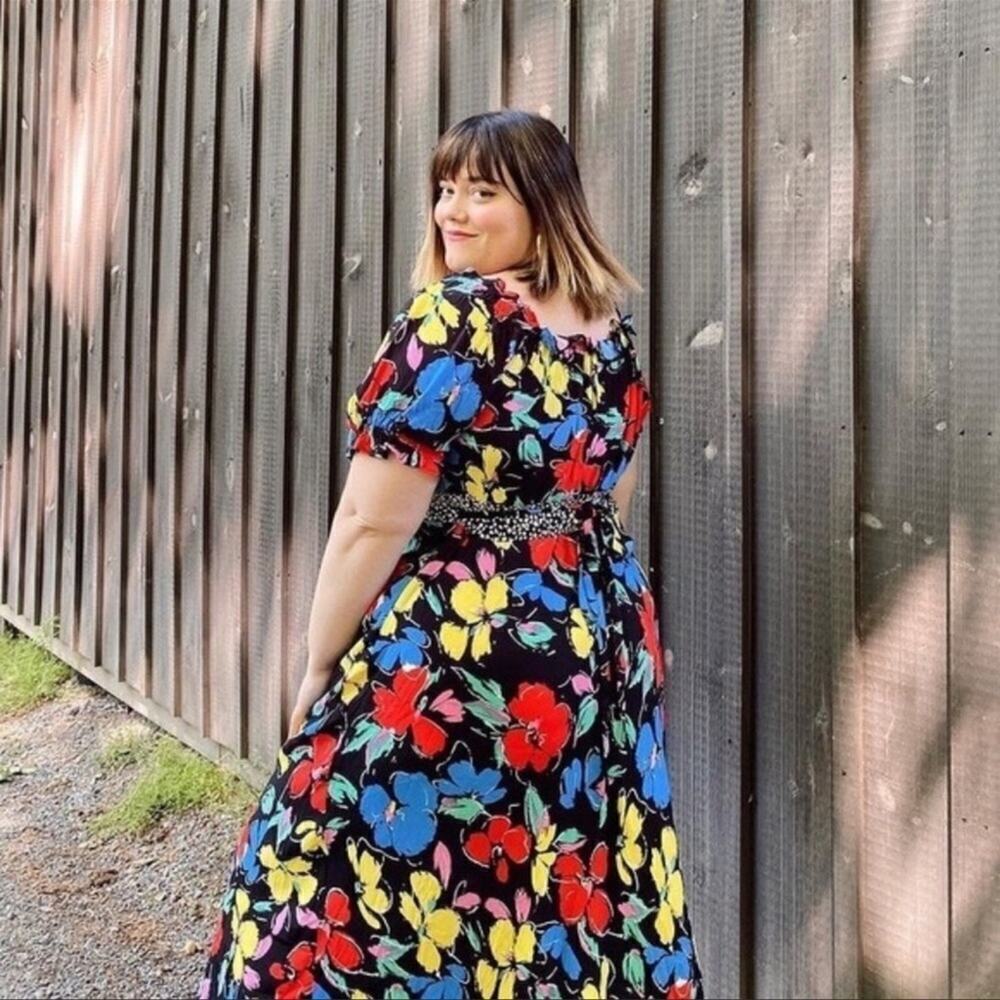 Rixo Target Black Floral Off Shoulder Puff Sleeve Maxi Summer Dress Size 28W/30W